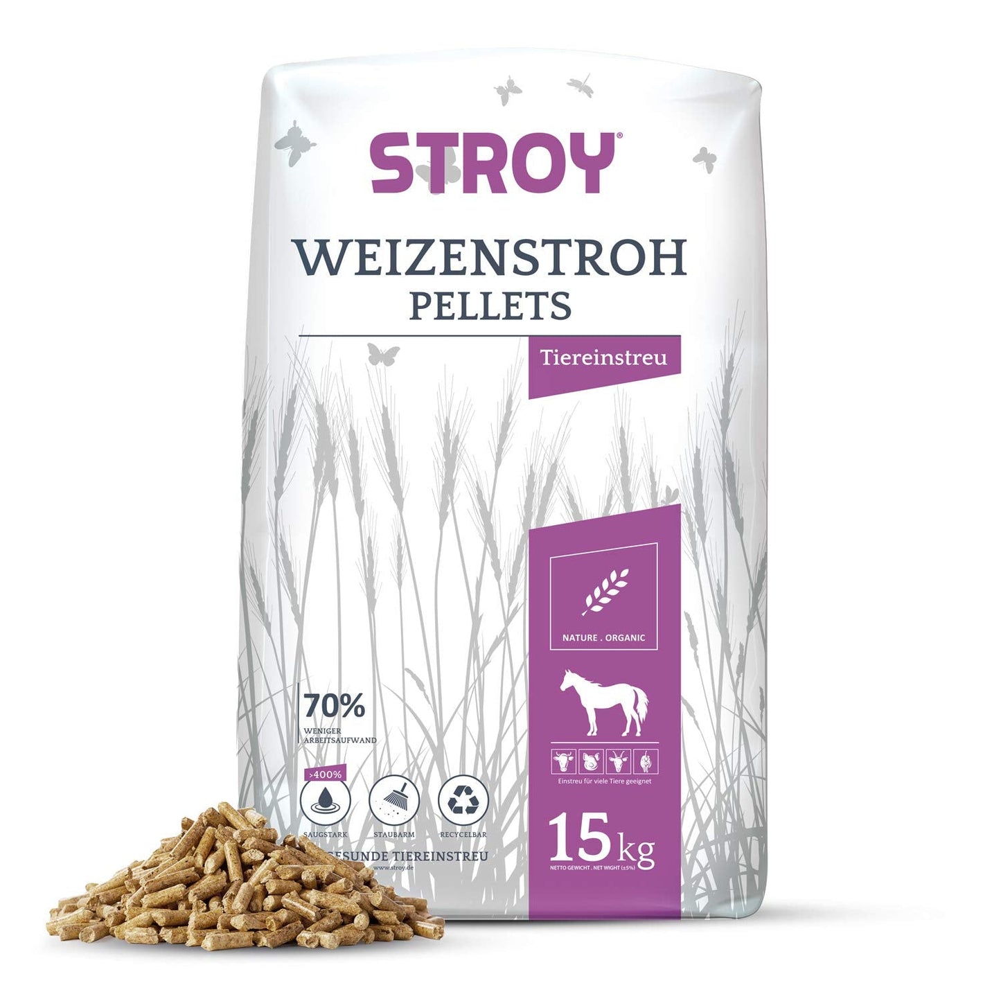 STROY Strohpellets Einstreu Stroh Tier Streu Pellet Großtier Kleintier Pferde Stall Box Paddock 15kg x 65 Sack 975kg / 1 Palette Paligo