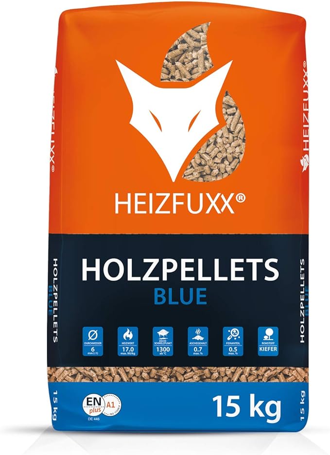 HEIZFUXX Holzpellets Blue Heizpellets Weichholz Wood Pellet Öko Energie Heizung Kessel Sackware 6mm 15kg x 65 Sack 975kg / 1 Palette Paligo